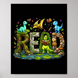 Funny reading dinosaur t rex dino book lover boy poster