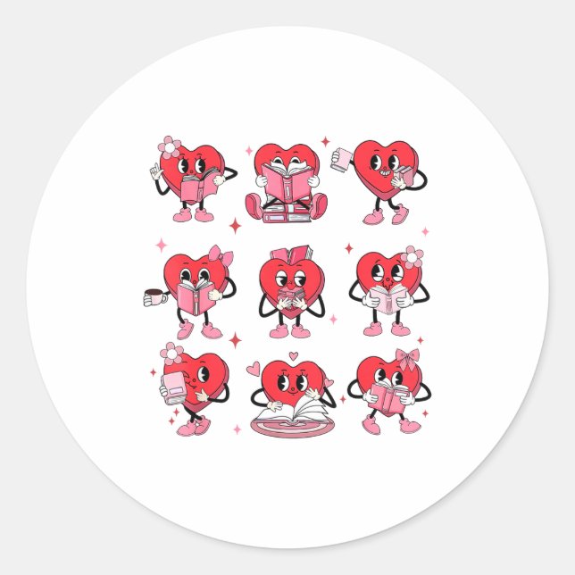 Funny Reading Heart Book Valentines Day Teacher Wo Classic Round Sticker (Front)