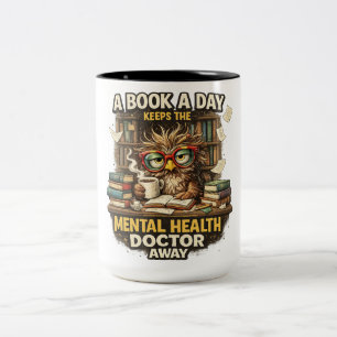 Funny reading owl book lovers mental health coffee Two-Tone coffee mug