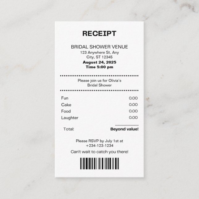Funny, Receipt theme Bridal shower invitation (Front)