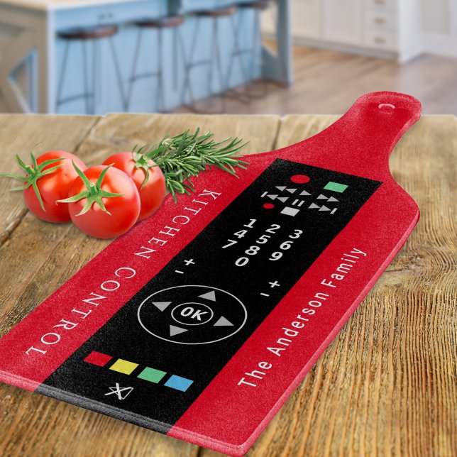 Funny Red and Black TV Remote Kitchen Control Cutting Board (A cutting board for the kitchen with a novelty TV remote control design, personalized with a name)