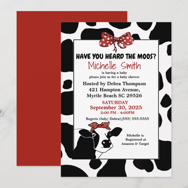Funny Red and Cow Print Baby Shower Invitations (Front/Back)