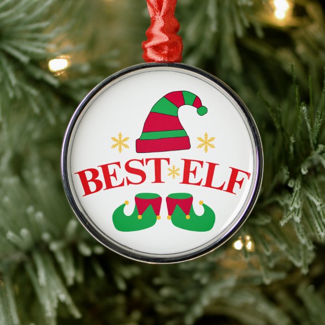 Funny Red and Green Best Elf Christmas  Metal Ornament (Tree)