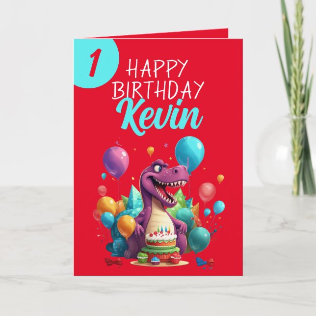 Funny Red and Teal Trex Boy 1st Birthday Card (Front)