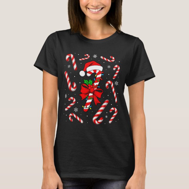 Funny Red And White Candy Cane Xmas Lights Santa C T-Shirt (Front)
