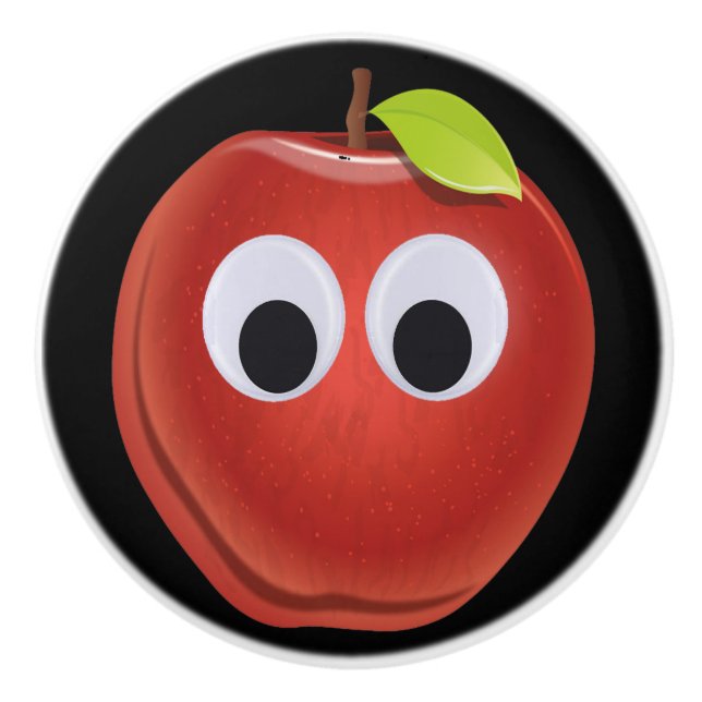Funny Red Apple with Googly Eyes  Ceramic Knob (Front)