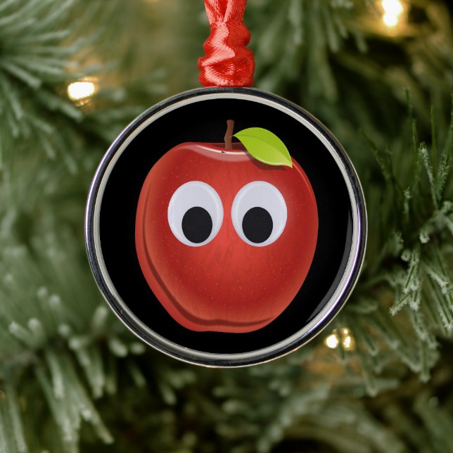 Funny Red Apple with Googly Eyes  Metal Ornament (Tree)