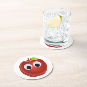Funny Red Apple with Googly Eyes Round Paper Coaster