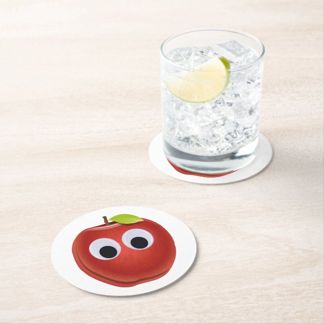 Funny Red Apple with Googly Eyes  Round Paper Coaster (Insitu)