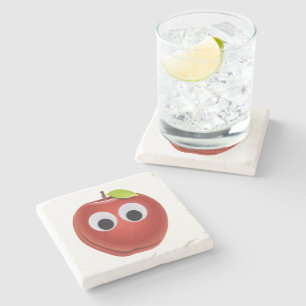 Funny Red Apple with Googly Eyes Stone Coaster