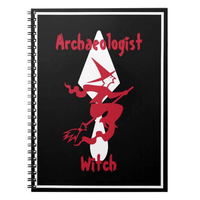 Funny Red Archaeologist Witch on a Broom Notebook (Front)