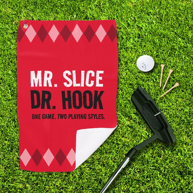 Funny Red Argyle Mr. Slice and Dr. Hook ... Golf Towel (Mr. Slice and Dr. Hook red argyle golf towel with putter, ball, and 3 tees on golf green)