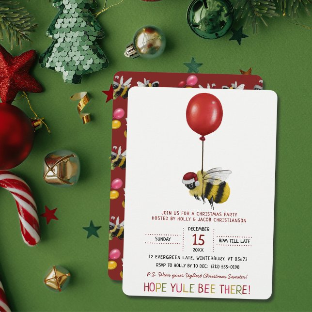 Funny Red Bee Themed Balloon Christmas Party Invitation (Creator Uploaded)
