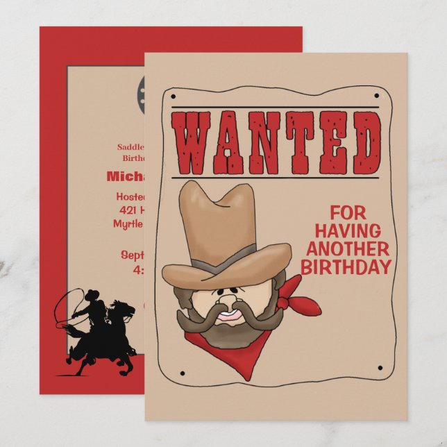Funny Red Beige Wanted Poster Birthday Invitation (Front/Back)