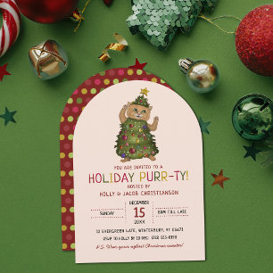 Funny Red Cat Pun Christmas Tree Holiday Party Invitation