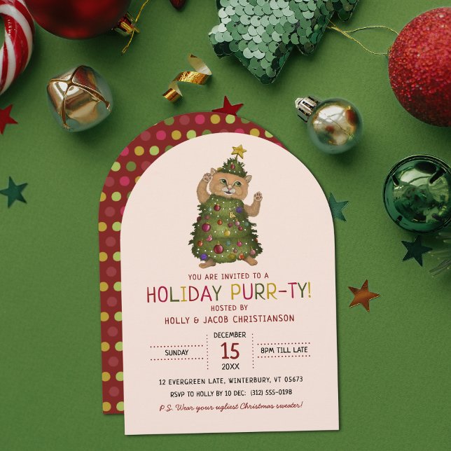 Funny Red Cat Pun Christmas Tree Holiday Party Invitation (Creator Uploaded)