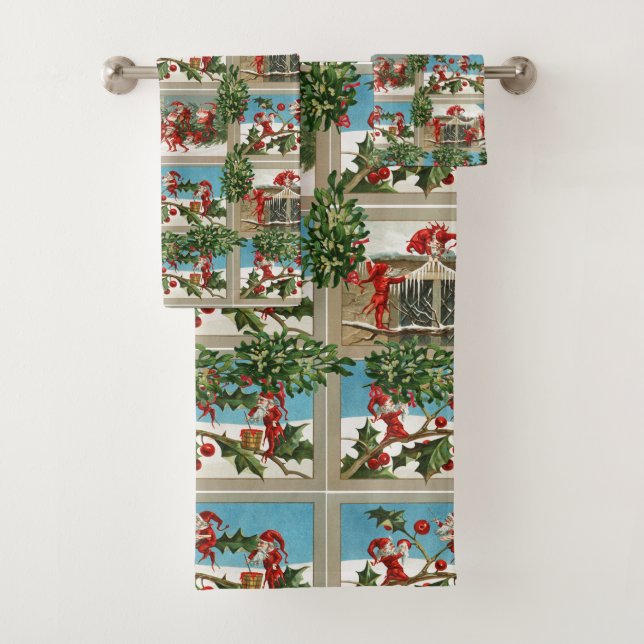 FUNNY RED CHRISTMAS ELVES,HOLLYBERRIES,MISTLETOES BATH TOWEL SET (Insitu)