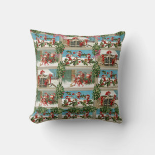 FUNNY RED CHRISTMAS ELVES,HOLLYBERRIES,MISTLETOES CUSHION