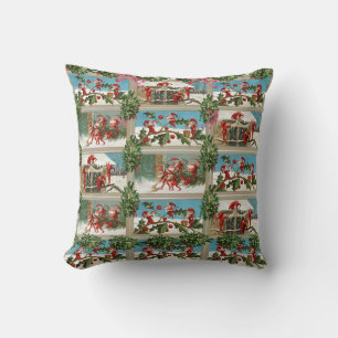 FUNNY RED CHRISTMAS ELVES,HOLLYBERRIES,MISTLETOES CUSHION