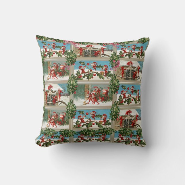 FUNNY RED CHRISTMAS ELVES,HOLLYBERRIES,MISTLETOES CUSHION (Front)