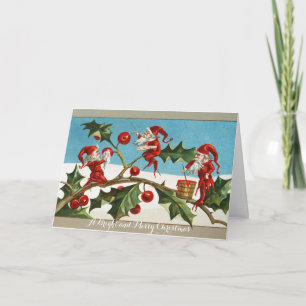 FUNNY RED CHRISTMAS ELVES,HOLLYBERRIES,MISTLETOES HOLIDAY CARD