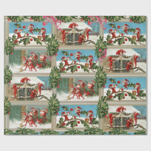 FUNNY RED CHRISTMAS ELVES,HOLLYBERRIES,MISTLETOES WRAPPING PAPER