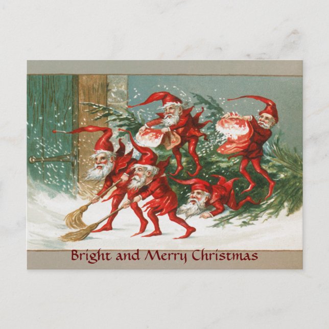 FUNNY RED CHRISTMAS ELVES SWEEPING IN THE SNOW HOLIDAY POSTCARD (Front)