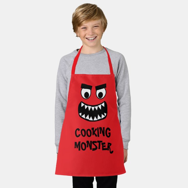 Funny red cooking monster kitchen apron for kids (Worn)