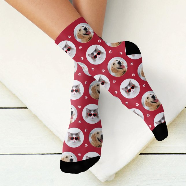 Funny Red Custom 2 Pet Photo Paw Print Socks (Creator Uploaded)