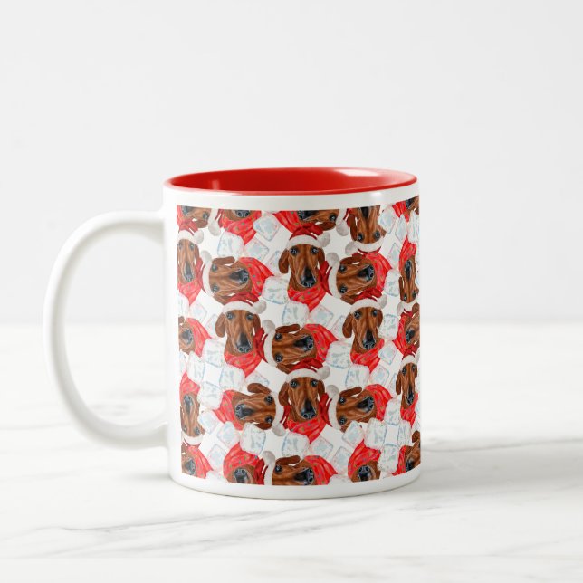 Funny Red Dachshund Christmas Pattern Two-Tone Coffee Mug (Left)