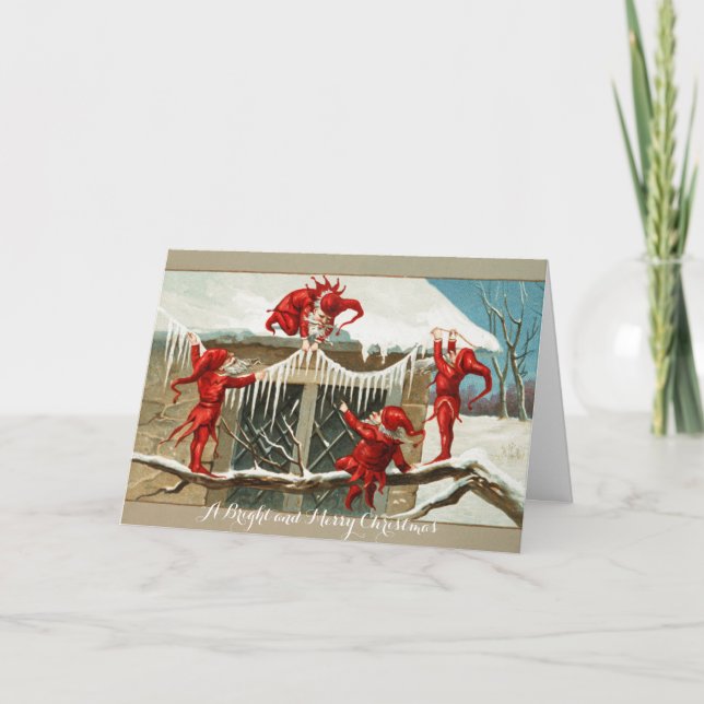 FUNNY RED ELVES AND CHRISTMAS DECOR WITH ICICLES HOLIDAY CARD (Front)