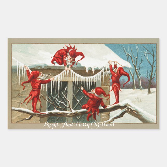 FUNNY RED ELVES AND CHRISTMAS DECOR WITH ICICLES RECTANGULAR STICKER (Front)