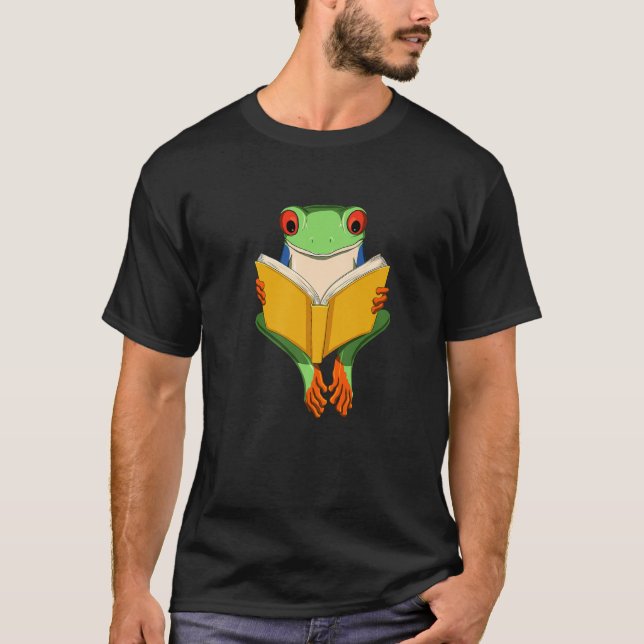 Funny Red Eyed Tree Frog Read Book T-Shirt (Front)