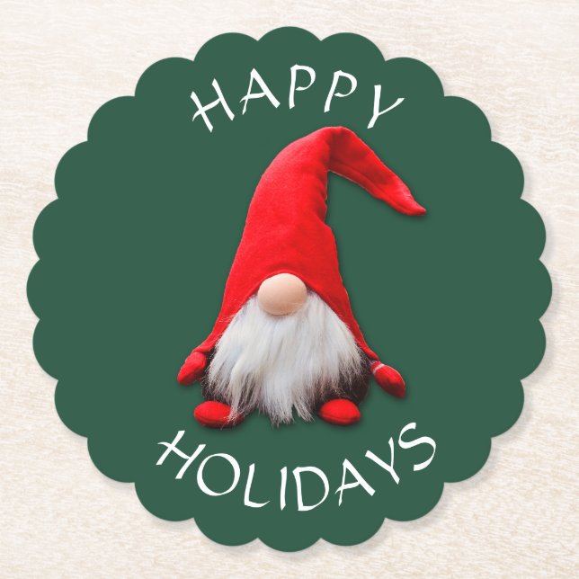 Funny Red Gnome Christmas Paper Coaster (Front)