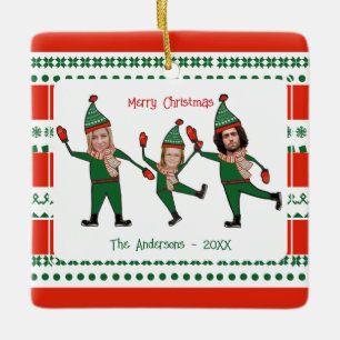 Funny Red Green Elf Family Photo Merry Christmas Ceramic Ornament