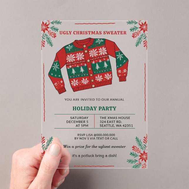 Funny Red Green Ugly Christmas Sweater Party Acrylic Invitations (Insitu (Handheld))