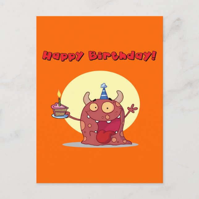 Funny Red Happy Birthday Monster With Cake Postcard (Front)