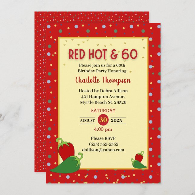 Funny Red Hot 60th  Birthday Invitations (Front/Back)