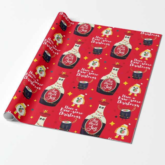 Funny Red Kawaii Sushi Cartoon Merry Christmas Wrapping Paper (Unrolled)