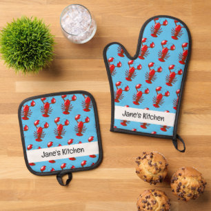 funny red lobster (name) oven mitt & pot holder set