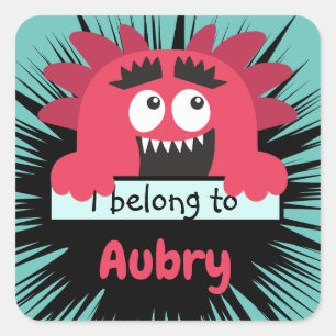 Funny Red Monster School Buddy Personalised Square Sticker