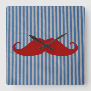Funny Red Moustache And Blue White Stripes Square Wall Clock