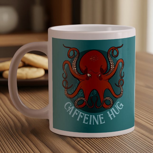 Funny Red Octopus Caffeine Hug Tentacles Cartoon Large Coffee Mug (Creator Uploaded)