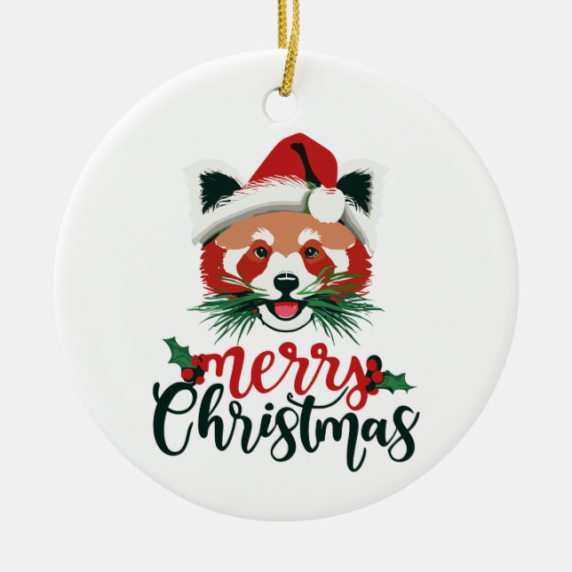 Funny Red Panda Merry Christmas Ceramic Ornament (Front)