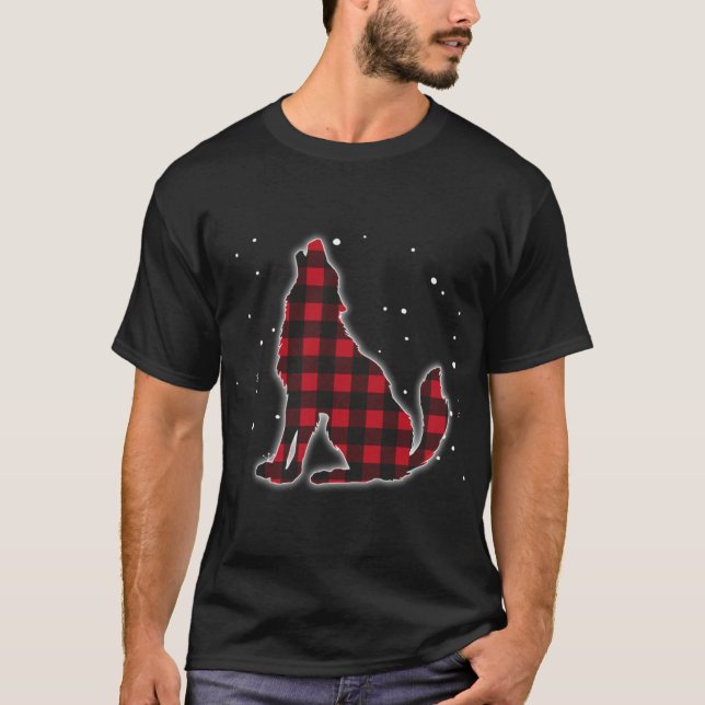 Funny Red Plaid Wolf Howling Matching Buffalo Fami T-Shirt (Front)