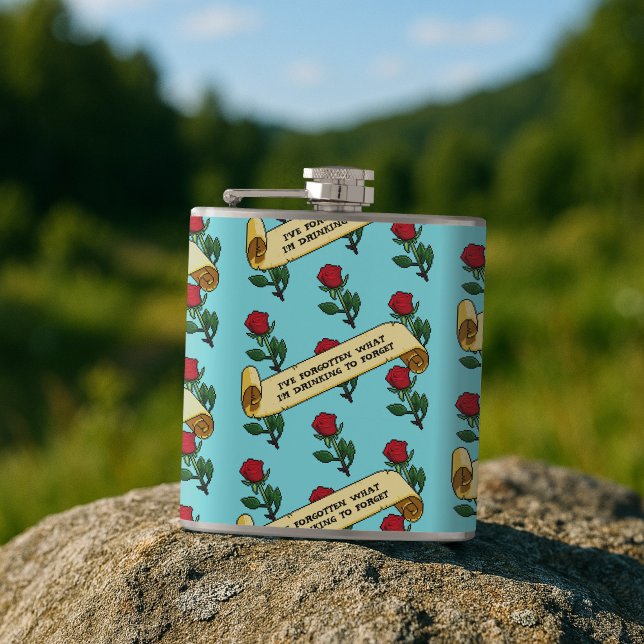 Funny Red Rose Drinking To Forget Ribbon Pattern Hip Flask (Creator Uploaded)