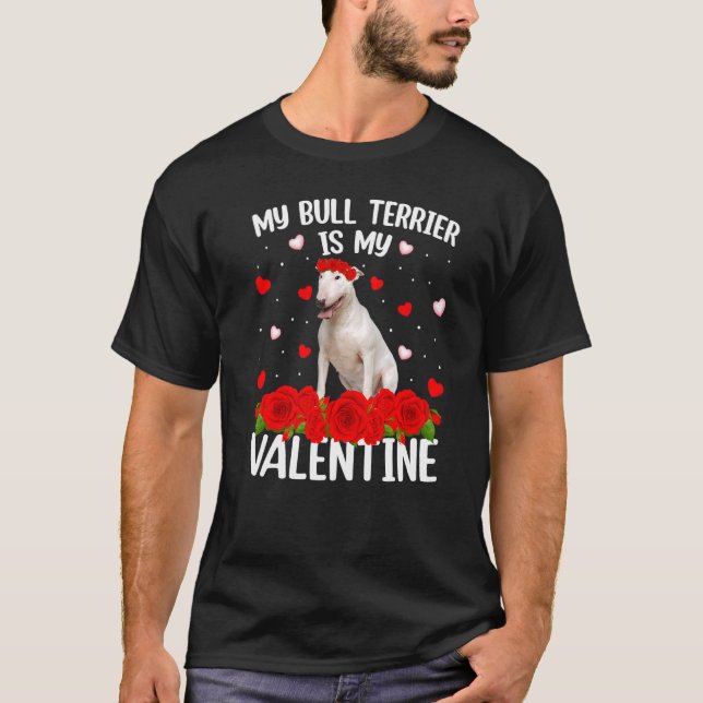 Funny Red Rose Flower Heart Bull Terrier Dog Valen T-Shirt (Front)
