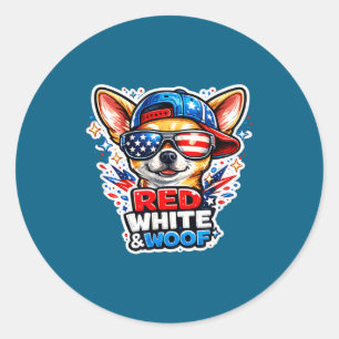 Funny red white and woof chihuahua dog patriotic classic round sticker