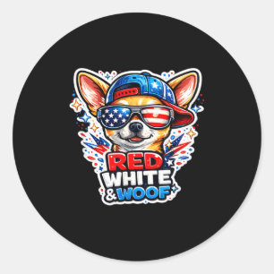 Funny red white and woof chihuahua dog patriotic classic round sticker