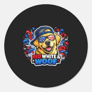 Funny red white and woof golden retreiver dog classic round sticker